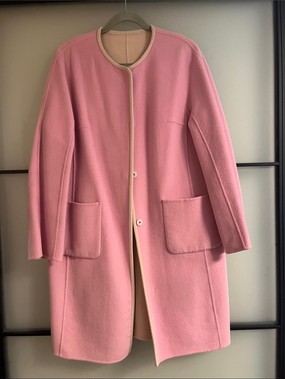 Weekend Max Mara Pink Wool-Blend Pea Coat with Cream Trim